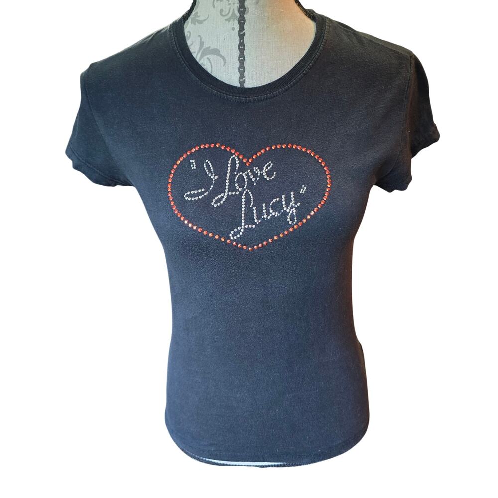 I Love Lucy Rhinestone Black T-Shirt Y2k Coquette Style Heart Size M (7/9)
